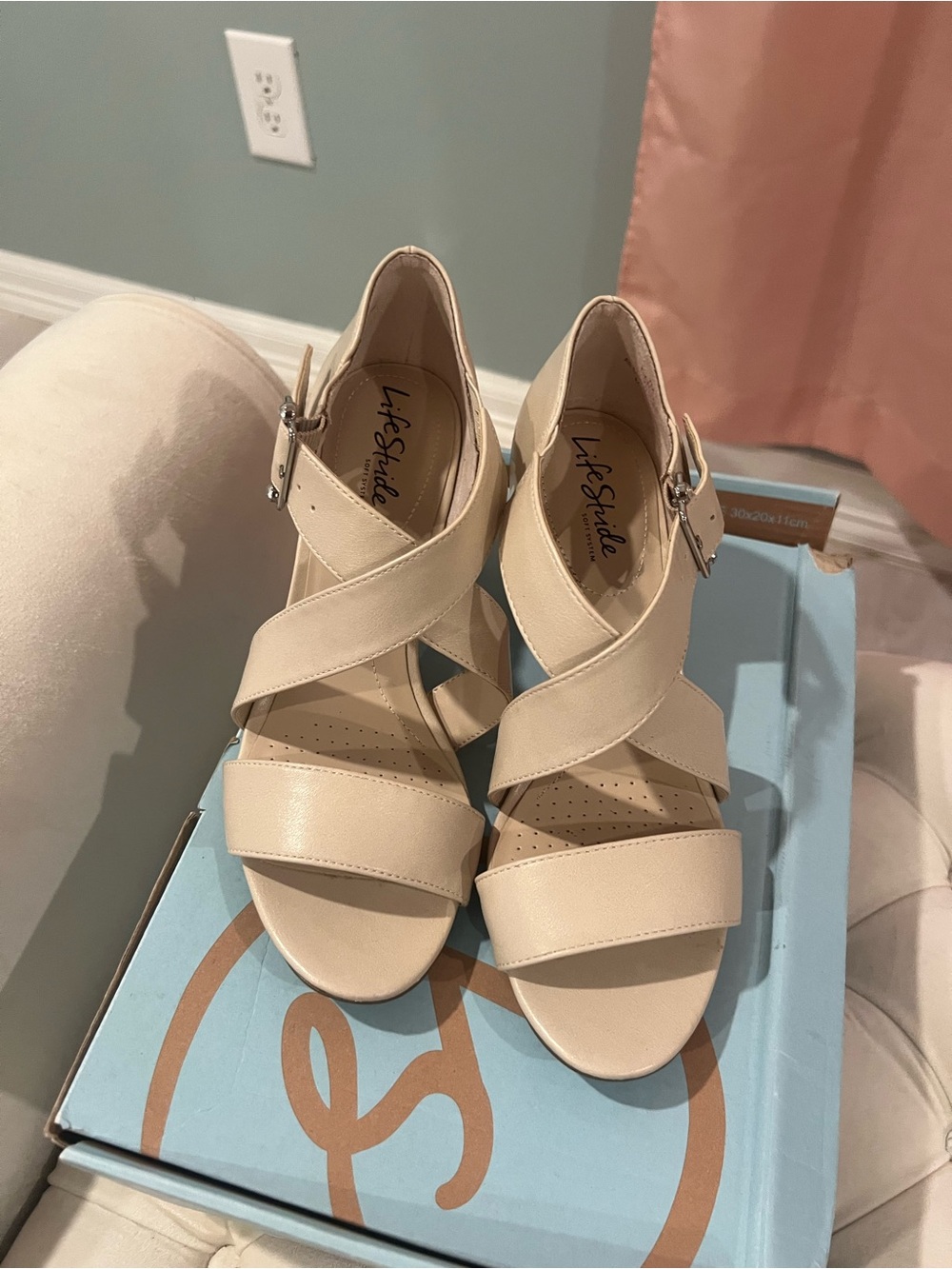Life Stride Women's Beige Crisscross Ankle-Strap Heels